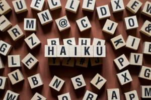 wooden blocks with letters; haiku spelled out in the middle